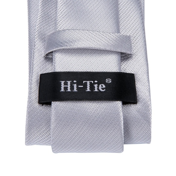 Hi-Tie Mens Grey Silver Tie Set with Pocket Square & Cufflinks - Picture 3 of 8